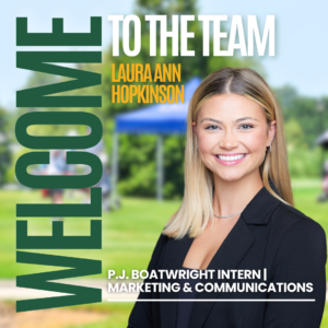 Welcome image introducing Laura Ann Hopkinson as the P.J. Boatwright Marketing & Communications Intern for the Louisiana Golf Association. The image features Laura Ann smiling in professional attire against a blurred outdoor background with vibrant green and blue tones. Bold text reads, 'Welcome to the Team, Laura Ann Hopkinson,' with her title displayed below: 'P.J. Boatwright Intern | Marketing & Communications.